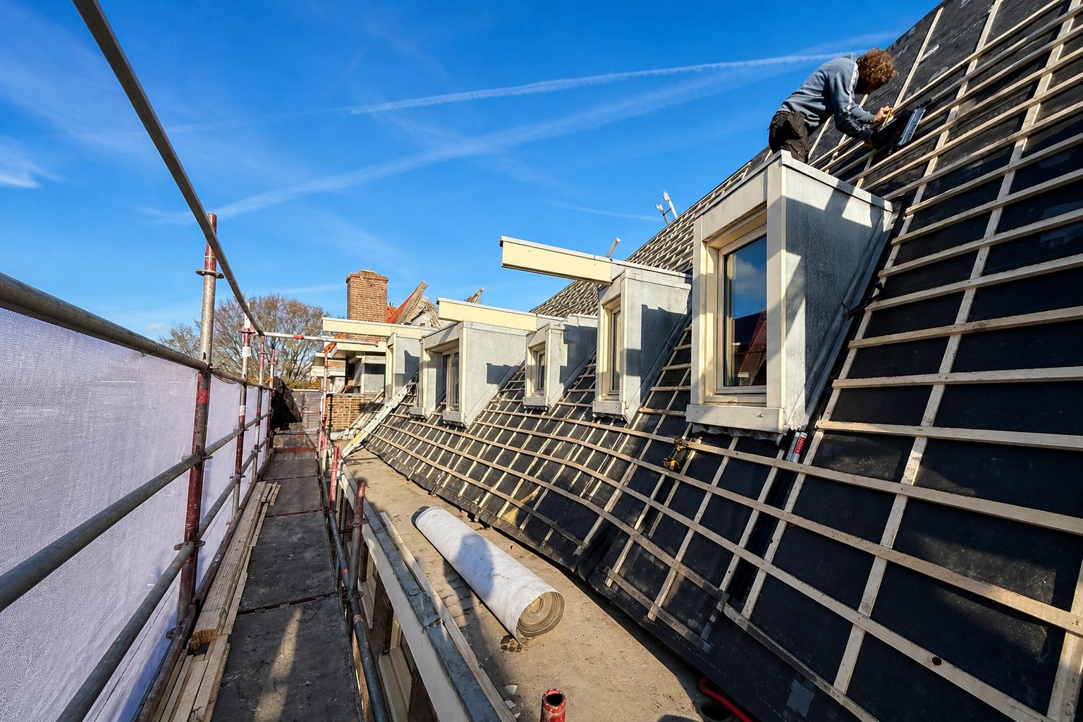 Hellend dak in renovatie: onderlaag, latten en steiger; vakman aan het werk bij dakkapellen, Nouwen Bouw & Dakservice