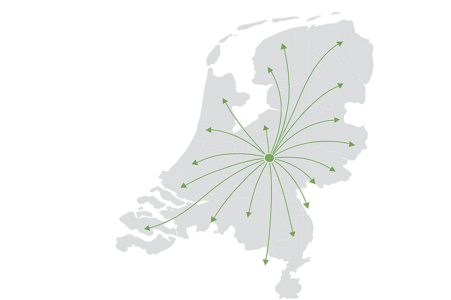 Illustratie: kaart van Nederland met groene accenten; landelijk werkgebied Nouwen Bouw & Dakservice