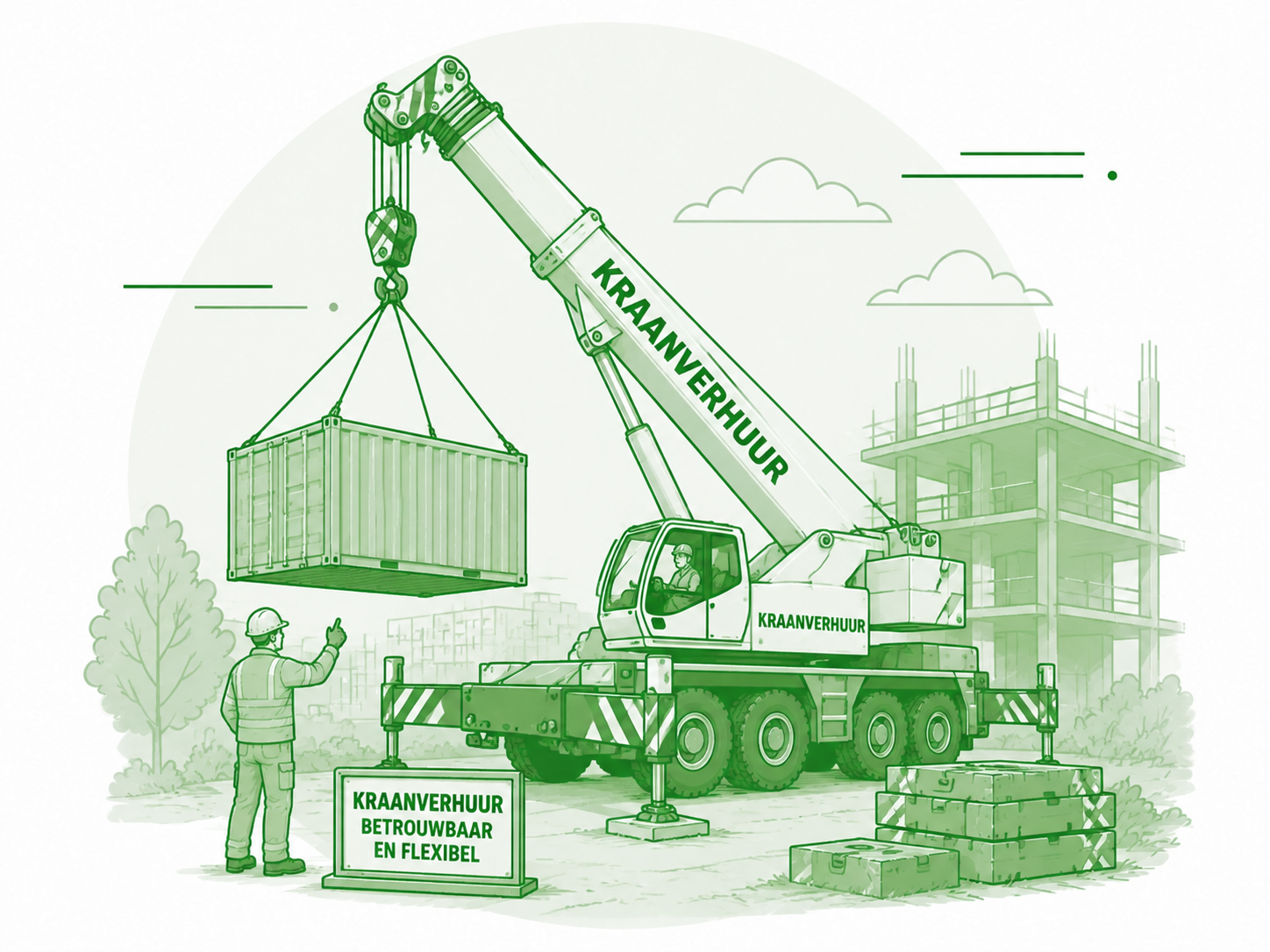 Illustratie: kraanverhuur, mobiele kraan hijst een container op een bouwplaats