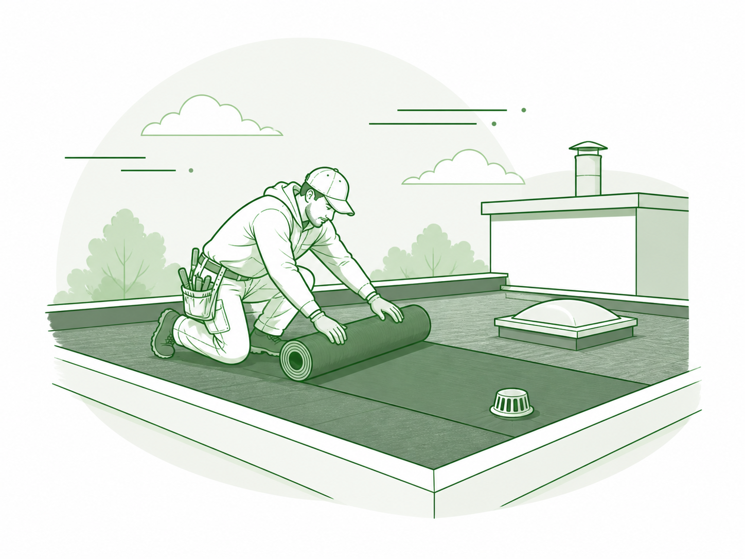 Illustratie: plat dak vernieuwen, dakdekker rolt bitumen of EPDM uit op een plat dak