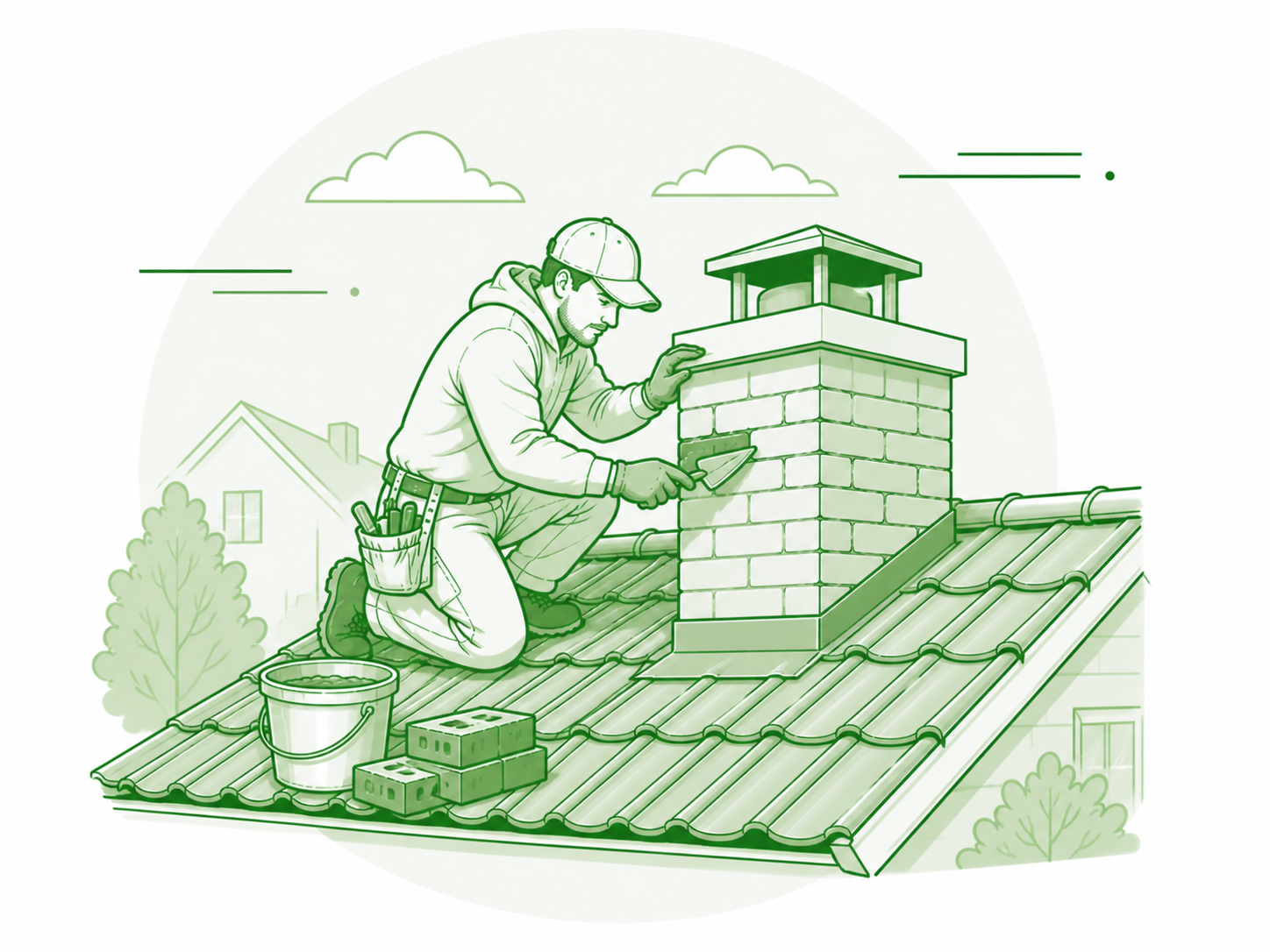 Illustratie: schoorsteen renovatie en voegwerk, metselwerk aan een schoorsteen op het dak